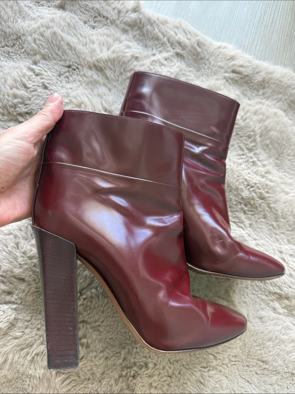 Chloe Burgundy Patent Leather Block Heel Ankle Boots
